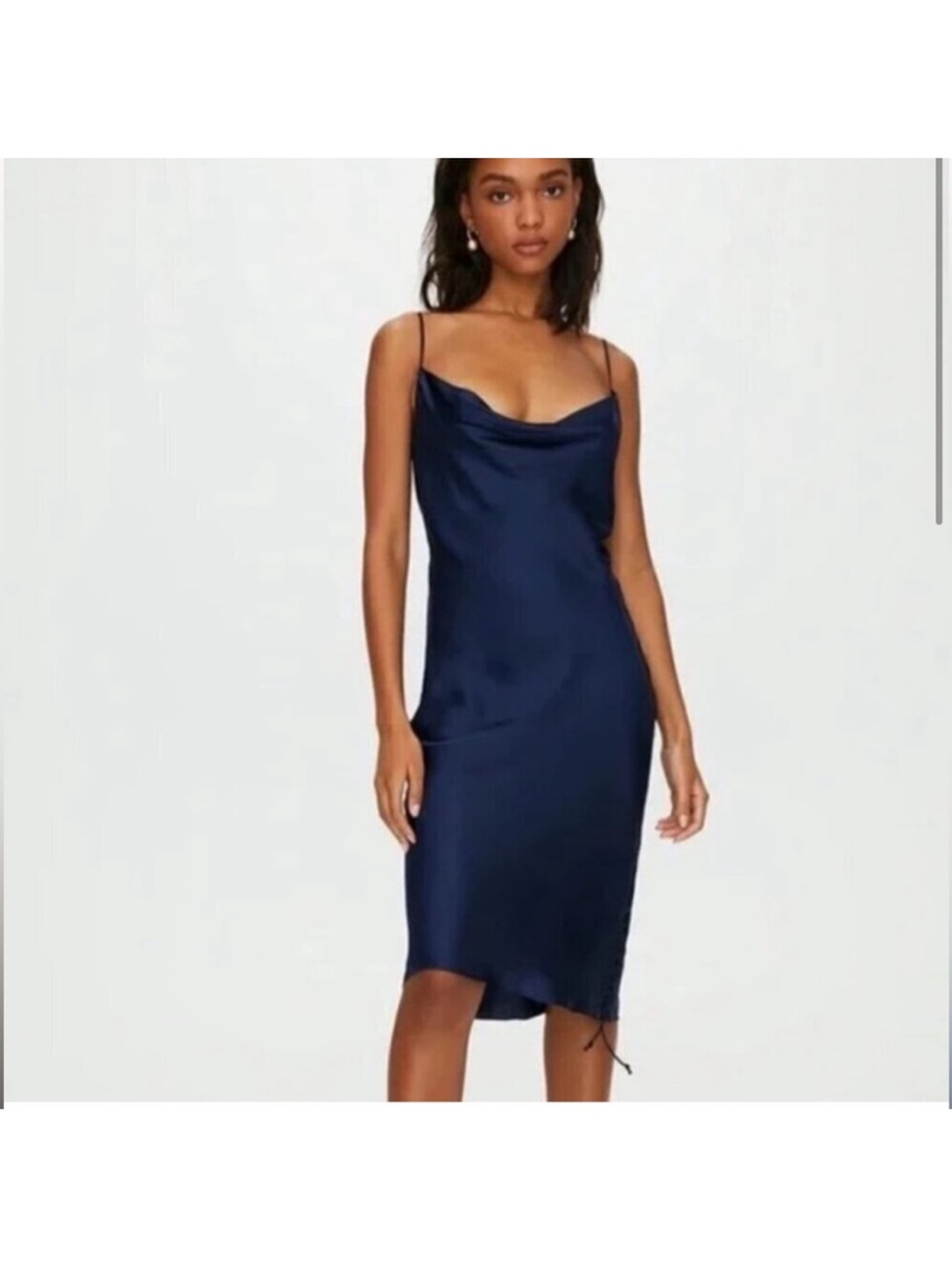 Aritzia Wilfred Navy Satin Cowl Slip Mini Dress